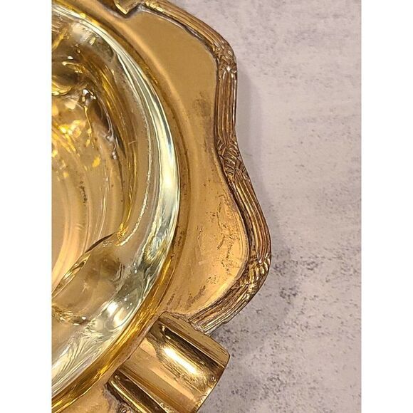 Ashtray Set 8" Octagon Shaped Brass & Glass, 1" Height 2-pc. Cigar Cigarette EUC - Picture 9 of 9
